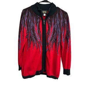 Bob Mackie Wearable Art Red Black Feather Print Zip-Up Sweater Sz Medium